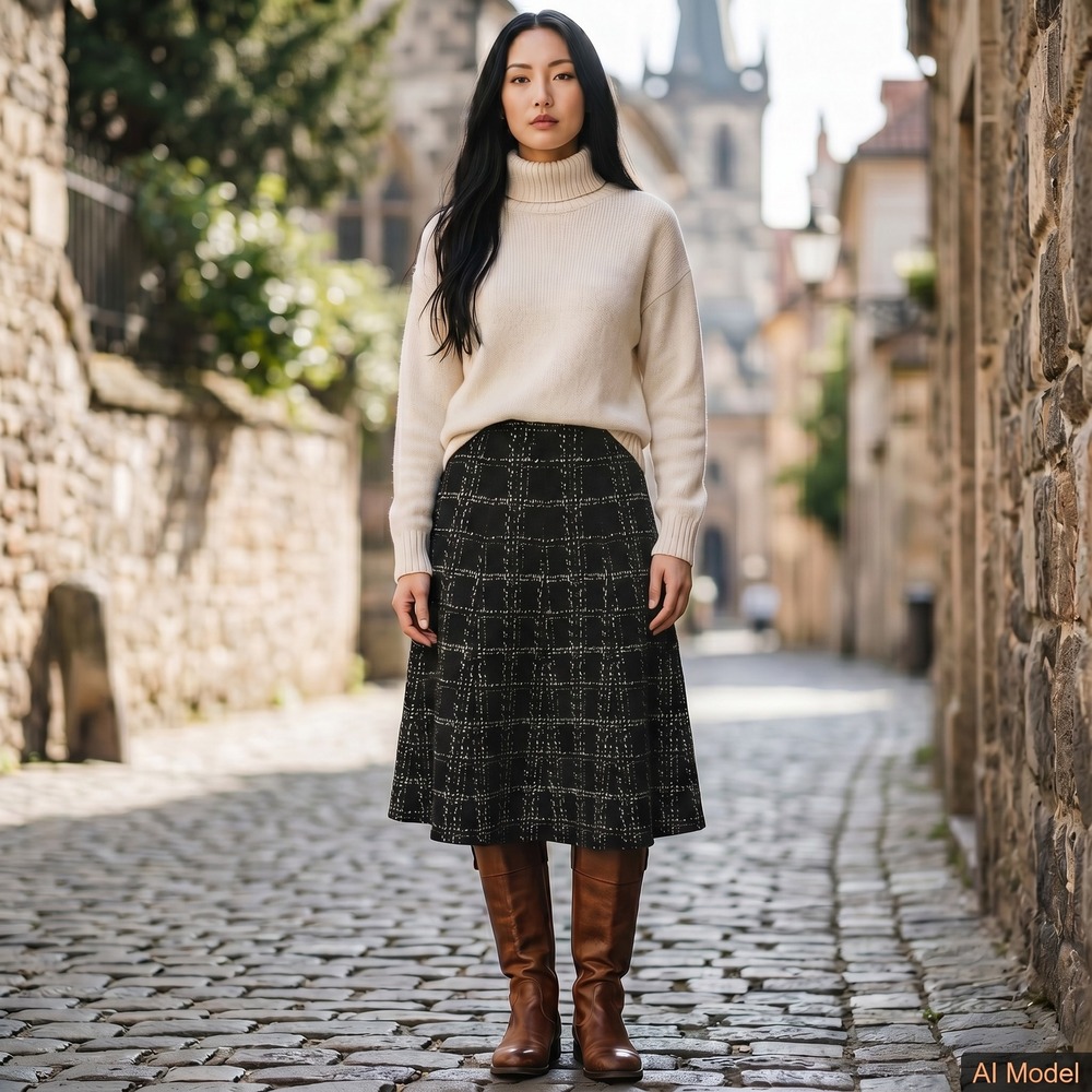 Catherine Malandrino Knit Skirt Women Medium Black White Grid Plaid A-Line‎ Midi